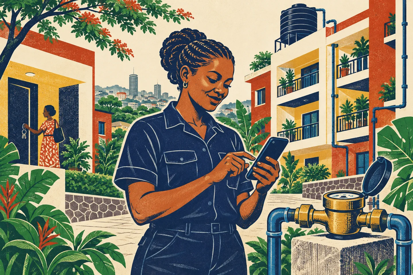A water field operator checks a phone beside a water meter in a Kenyan apartment courtyard.